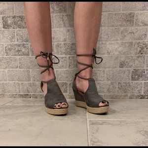 NWOT Gray suede wedges. Ballerina lace up detail.